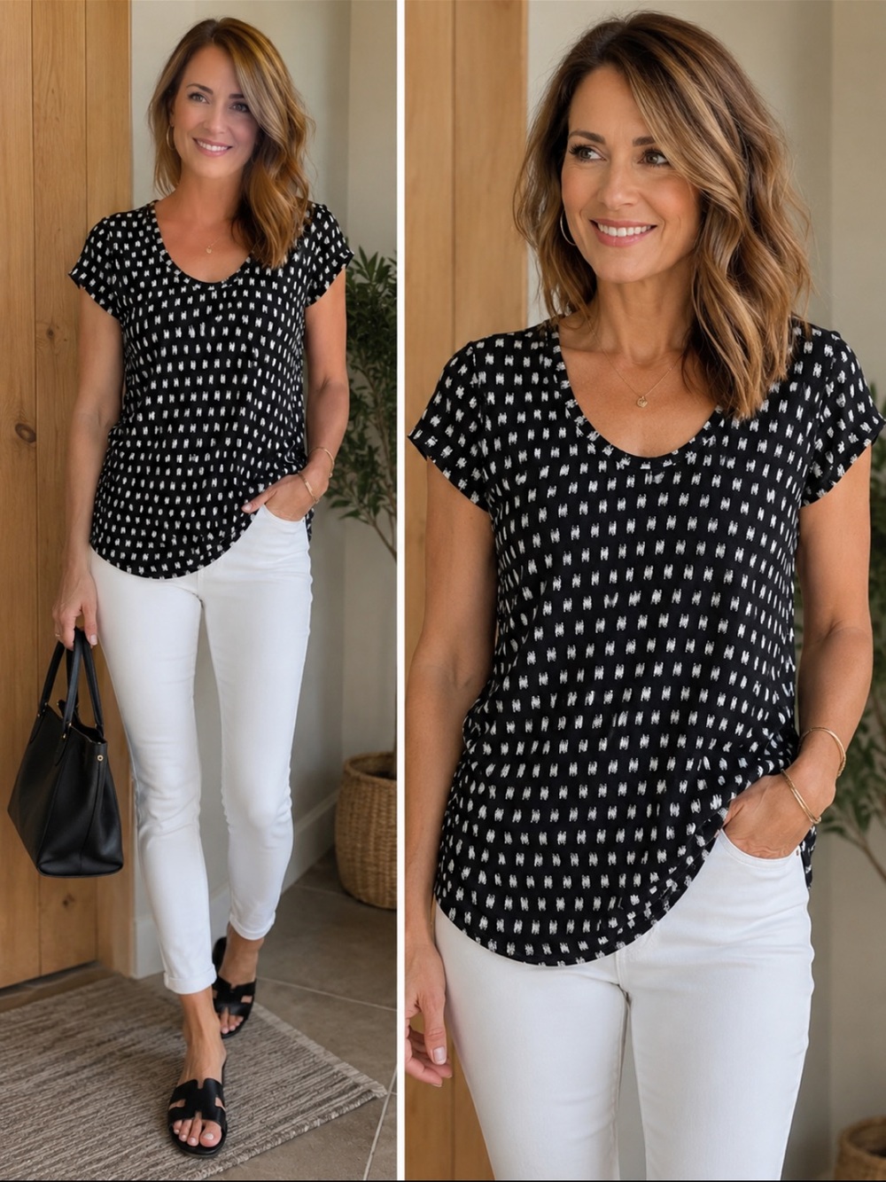 Kismet Black Short-Sleeve Scoop Neck Tee with White Geometric Print